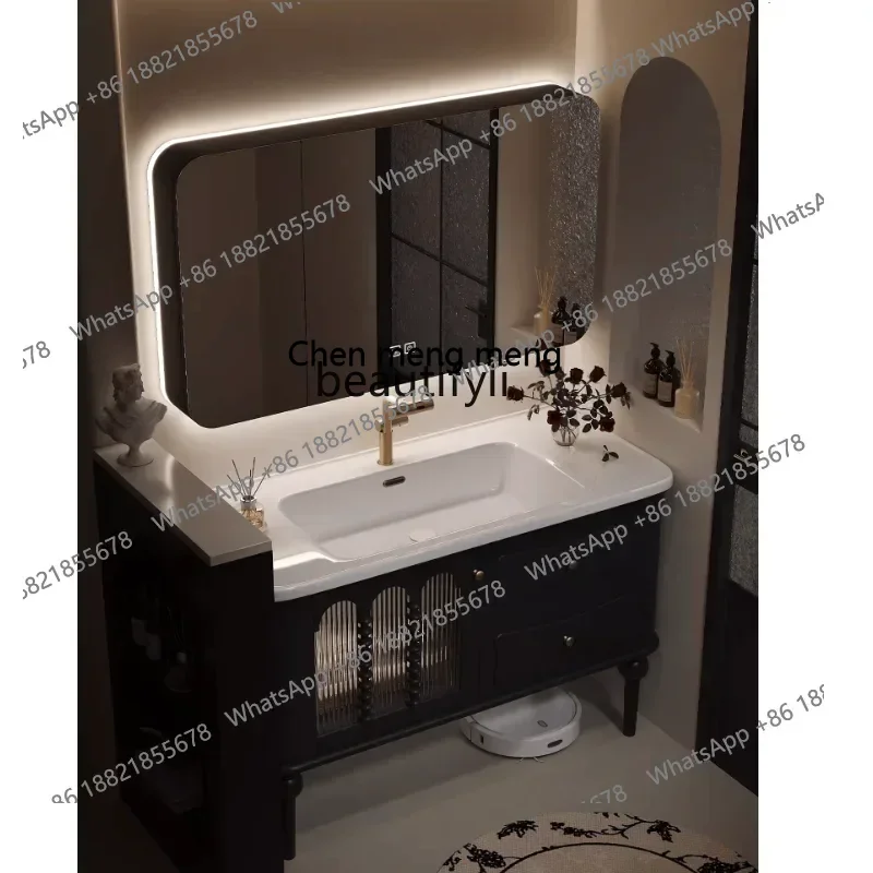 X   French Retro Floor Bathroom Cabinet Ceramic Whole Washbin Sink Oak Wash Inter-Platform Basin