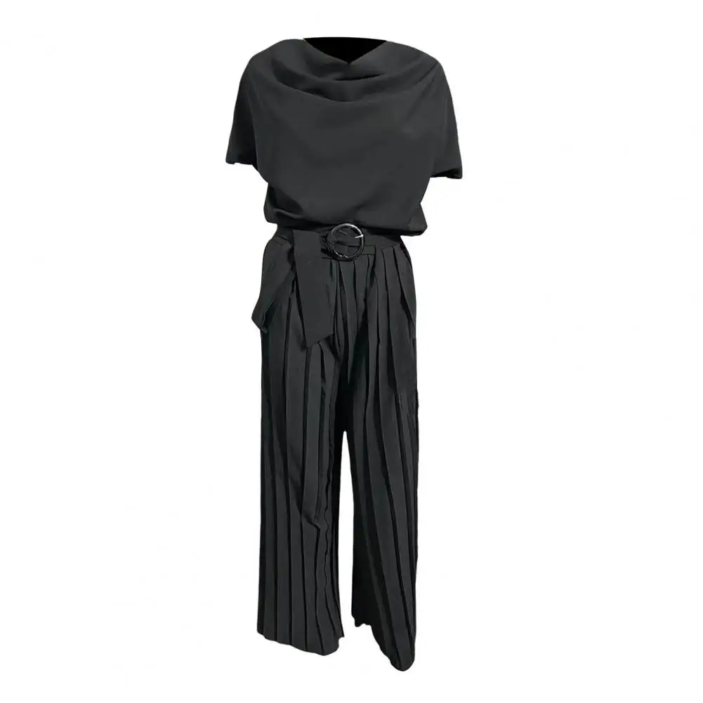 

Stacked Collar Jumpsuit Elegant Women's Wide Leg Jumpsuit with Belted Waist Pleated Collar for Formal Occasions Office Wear Pure