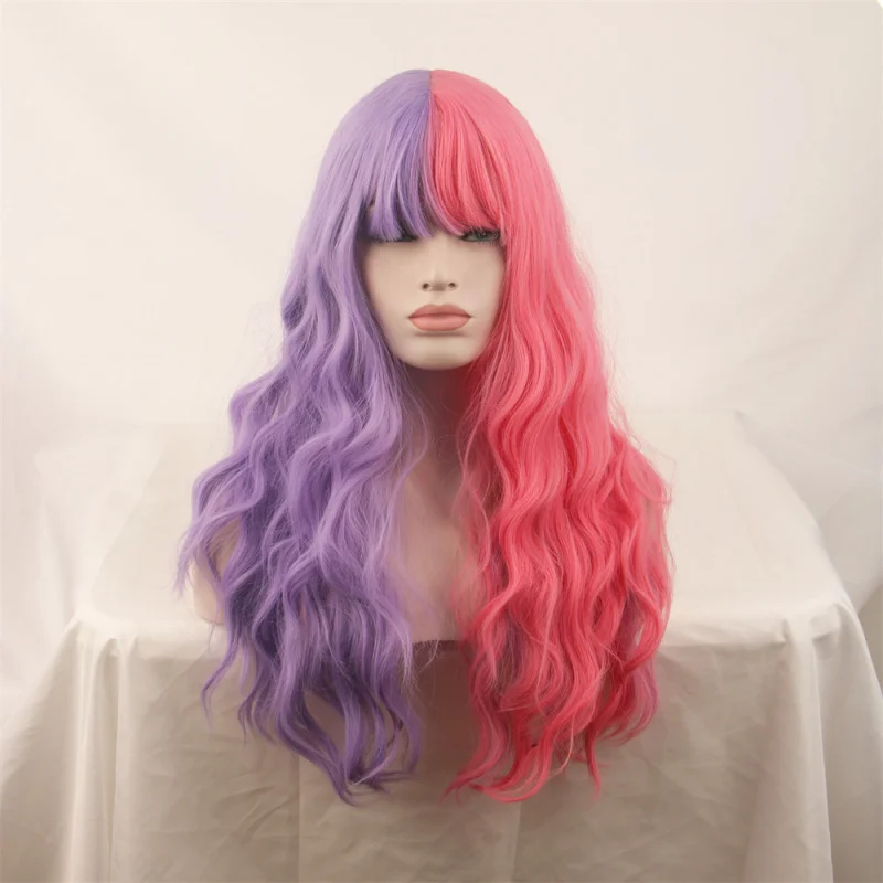 

Парик в европейском и американском стиле с градиентными цветными блоками для женщин, вьющиеся волосы с челкой, парик с большой волной, высокотемпературное волокно