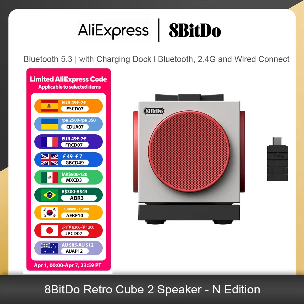 

Беспроводная Bluetooth-колонка 8BitDo Retro Cube 2 с зарядной док-станцией и истинным стереозвуком для клавиатуры и мыши 8BitDo N Edition