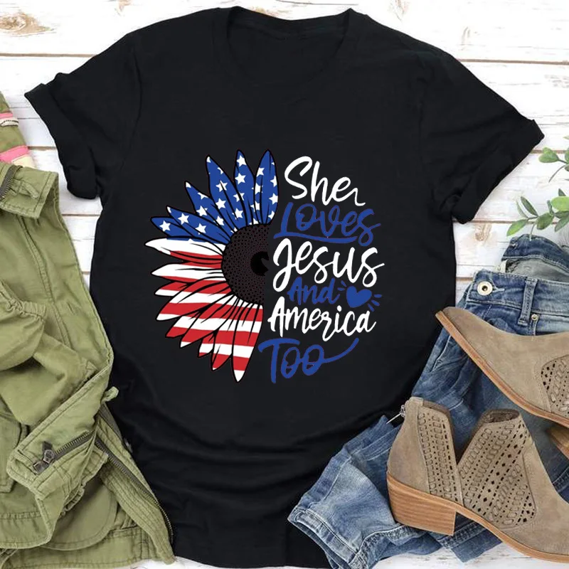 

She Loves Jesus and America Too Print Women T Shirt Short Sleeve O Neck Loose Women Tshirt Ladies Tee Shirt Tops Camisetas Mujer