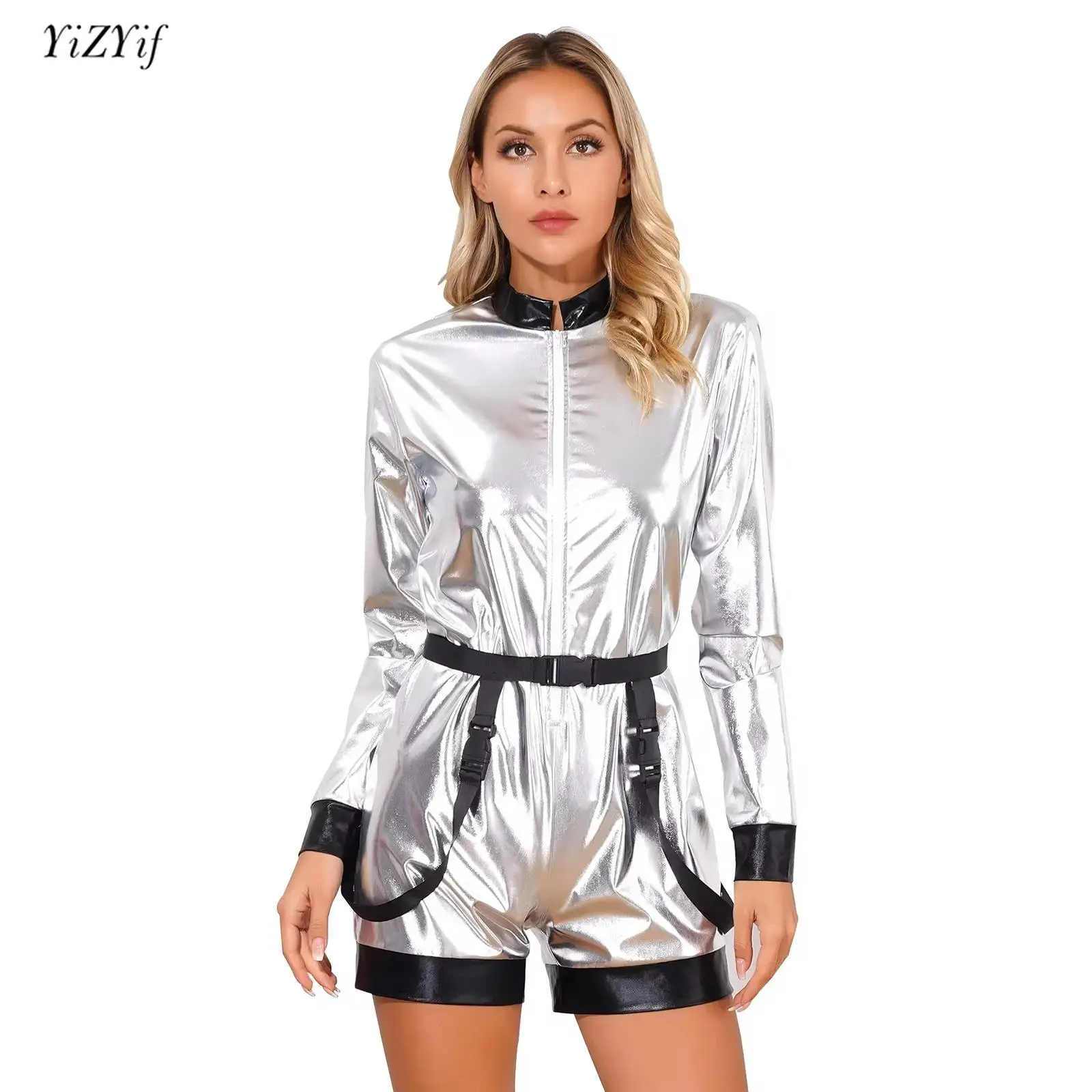 

Adult Womens Halloween Astronaut Cosplay Costumes Metallic Shiny Zipper Boyshorts Bodysuit Jumpsuit Rave Theme Party Clubwear