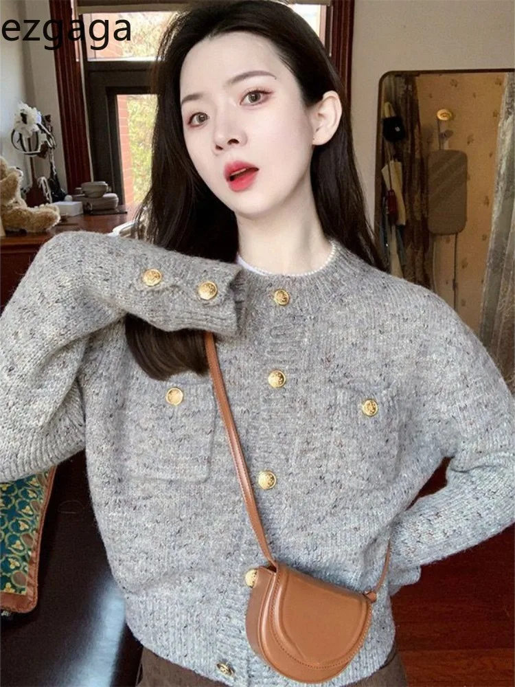 Ezgaga Cropped Cardigan Women O Neck Pockets Single Breasted Autumn Winter Fashion Knitted Sweater Female Tops Elegant