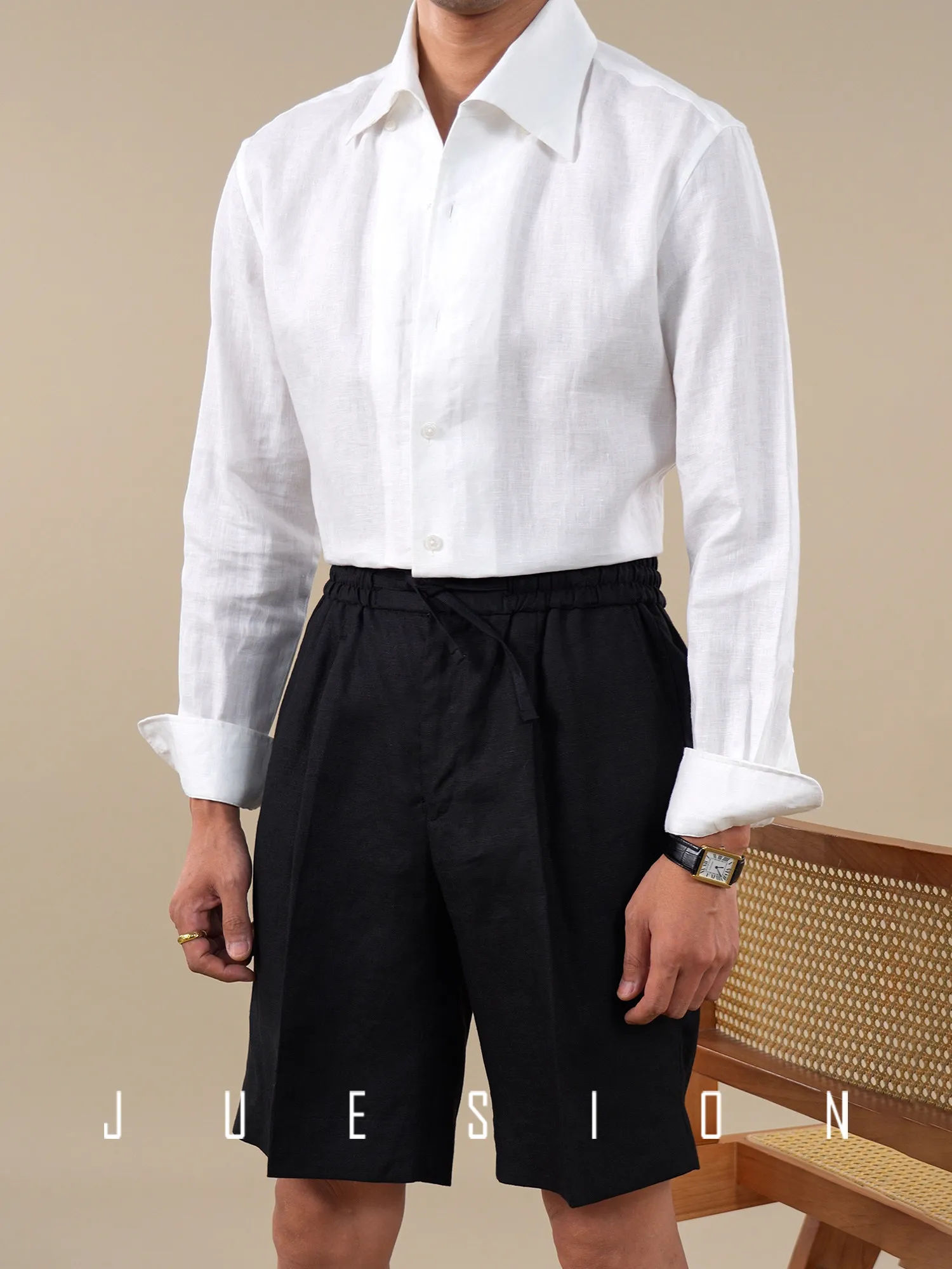 [195g pure linen] Summer elastic waist drawstring single-pleated casual white shorts five-point pants men