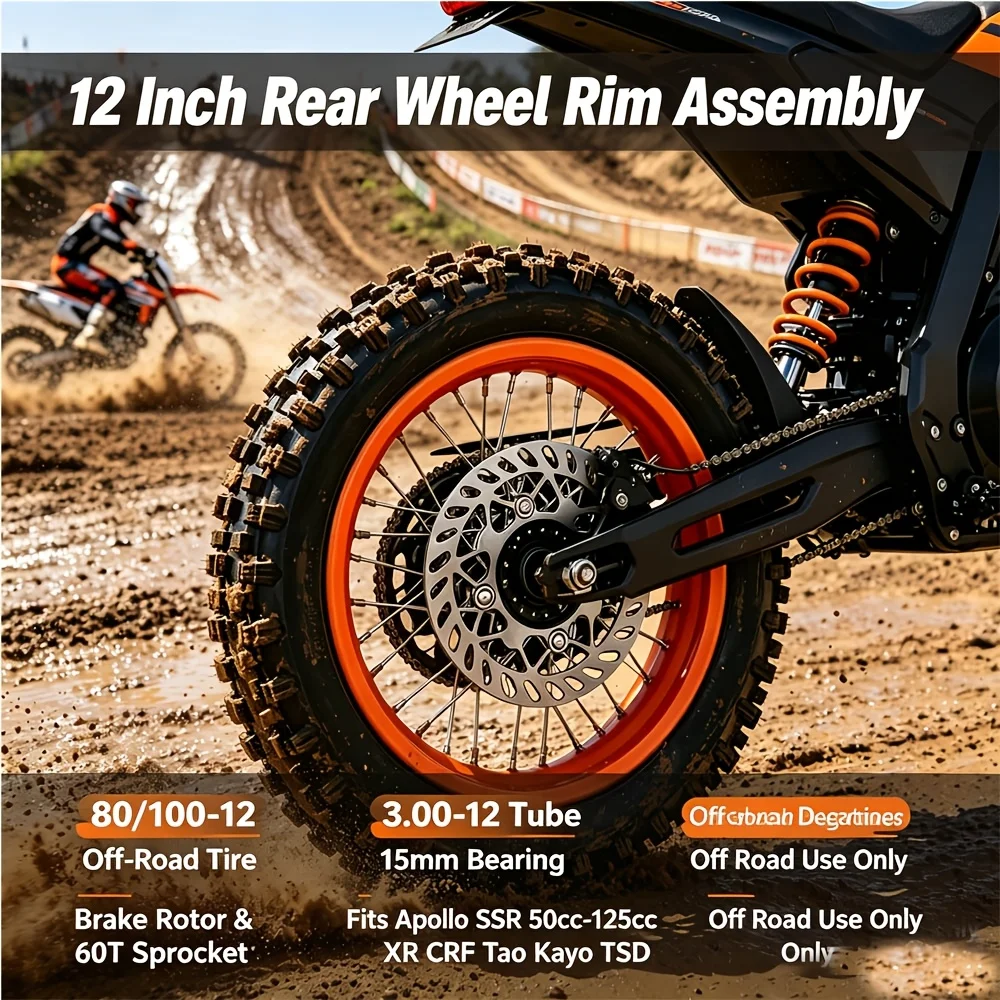 12 Inch Rear Wheel Assembly 80/100-12 Off Road Tire 3.00-12 Inner Tube, 15/12mm Bearing Brake Disc 41T Sprocket Fit 50cc-125cc A