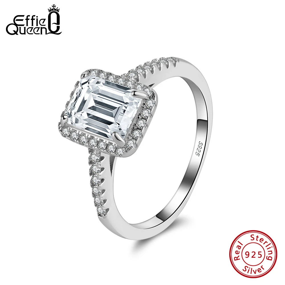 Effie Queen 925 Sterling Silver Square Rings 8A Premium Clear Cubic Zirconia Size 6/7/8/9 Emerald Cut Design Party Present LZR19