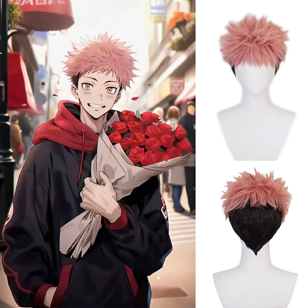 

High-Quality ‌Anime Jujutsu Kaisen Yuji Itadori‌ Cosplay Synthetic Hair Pink Gradient Black Halloween Daily Party Fluffy Wig