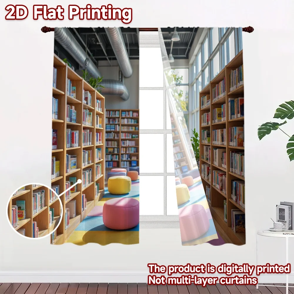 2D flat 2pcs Curtain Modern Minimalist Style Sunny Library Reading Room Durable polyester fiber Holiday Decorations for Indoor
