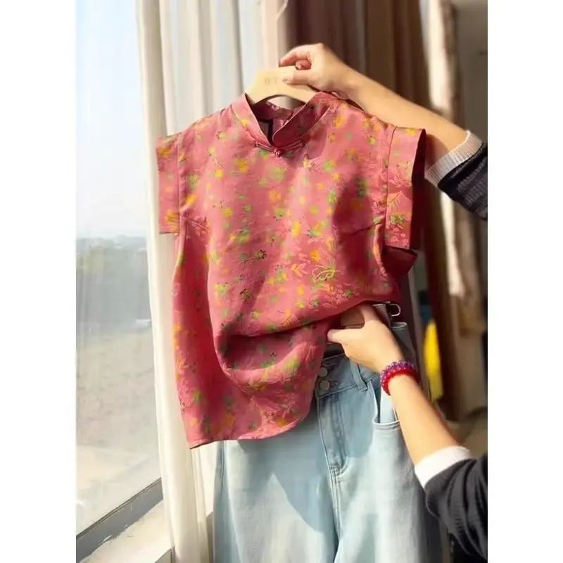 เสื้อเชิ้ตคอตั้งติดกระดุม ลายพิมพ์สวยงามไม่ซ้ำใคร สไตล์เกาหลี ทรงหลวม ผ้าโพลีเอสเตอร์ผสม แฟชั่นฤดูร้อน