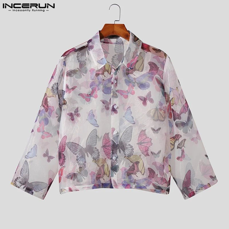 INCERUN Fashion Men Shirt Printing Mesh Transparent Lapel Long Sleeve Sexy Male Shirts 2023 Loose Streetwear Party Camisas S-5XL