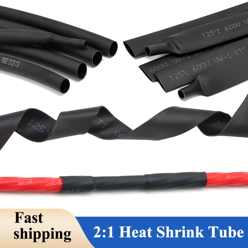 

1-10m Black Polyolefin Shrinkable Sleeving 2:1 Heat Shrink Tube DIY Connector Repair Wrap Cable Wire Insulated Protective Sleeve