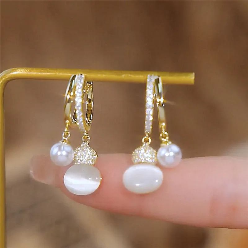 Elegant Delicate Micro Paved Zircon Opal Pearl Pendant Gold Color Earrings for Women Unique Design Sweet Romantic Jewelry Gifts