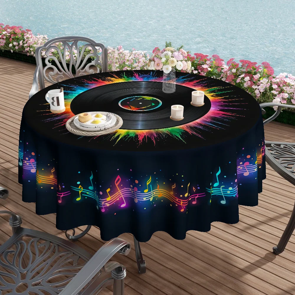 1pc Colorful Black Vinyl Record Note Embroidery Kitchen/Dining Room Round Tablecloth, 120g/㎡ Twill Polyester Materialxzj