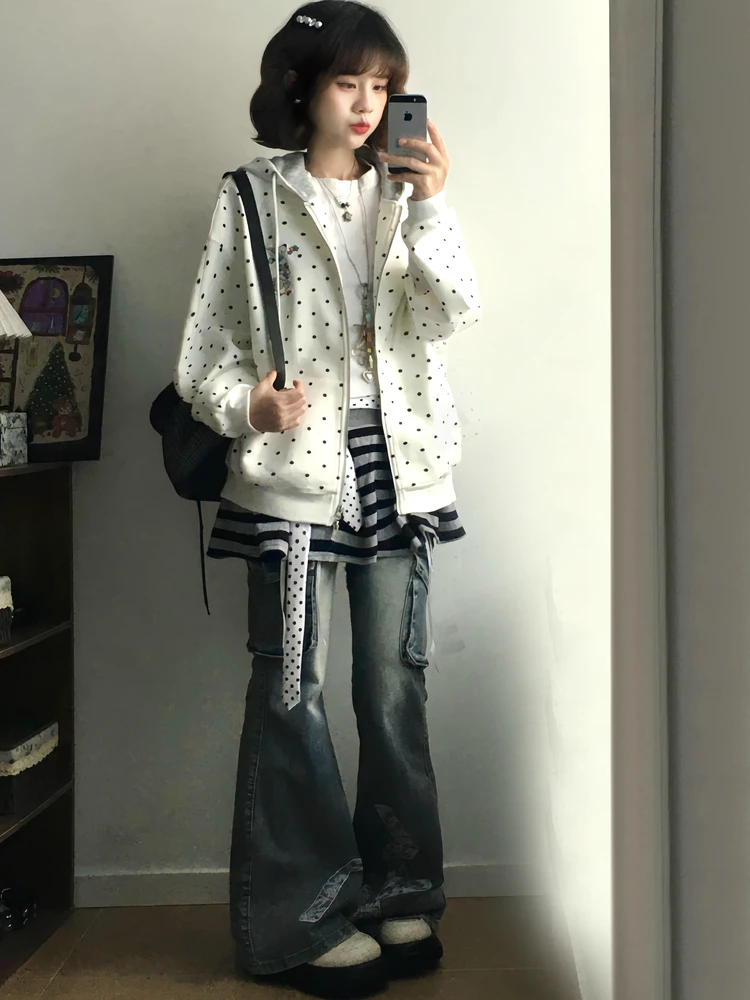 

Милая женская толстовка с капюшоном на молнии в белый горошек с изображением кролика, свободный универсальный укороченный топ в корейском стиле с длинными рукавами