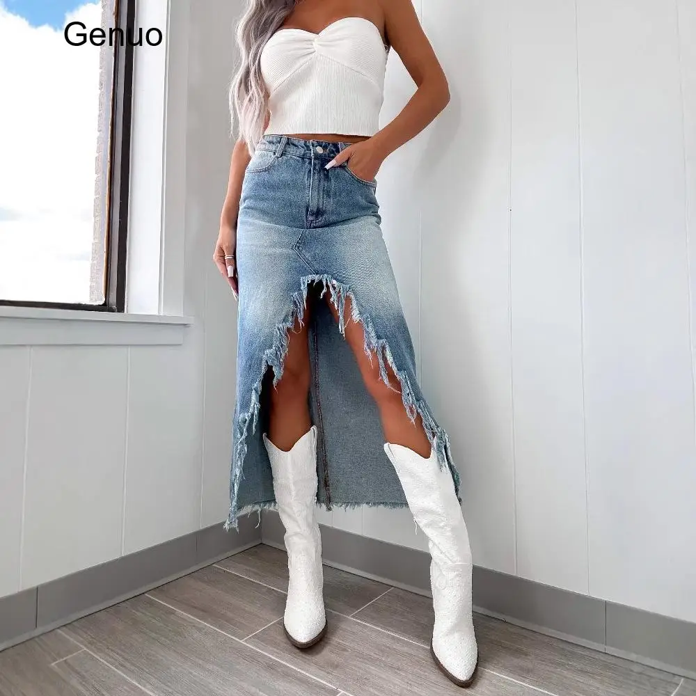 2026 High Waist Irregular Fringe Split Denim Maxi Skirt Vintage Distressed Raw Hem Long Jean Skirt