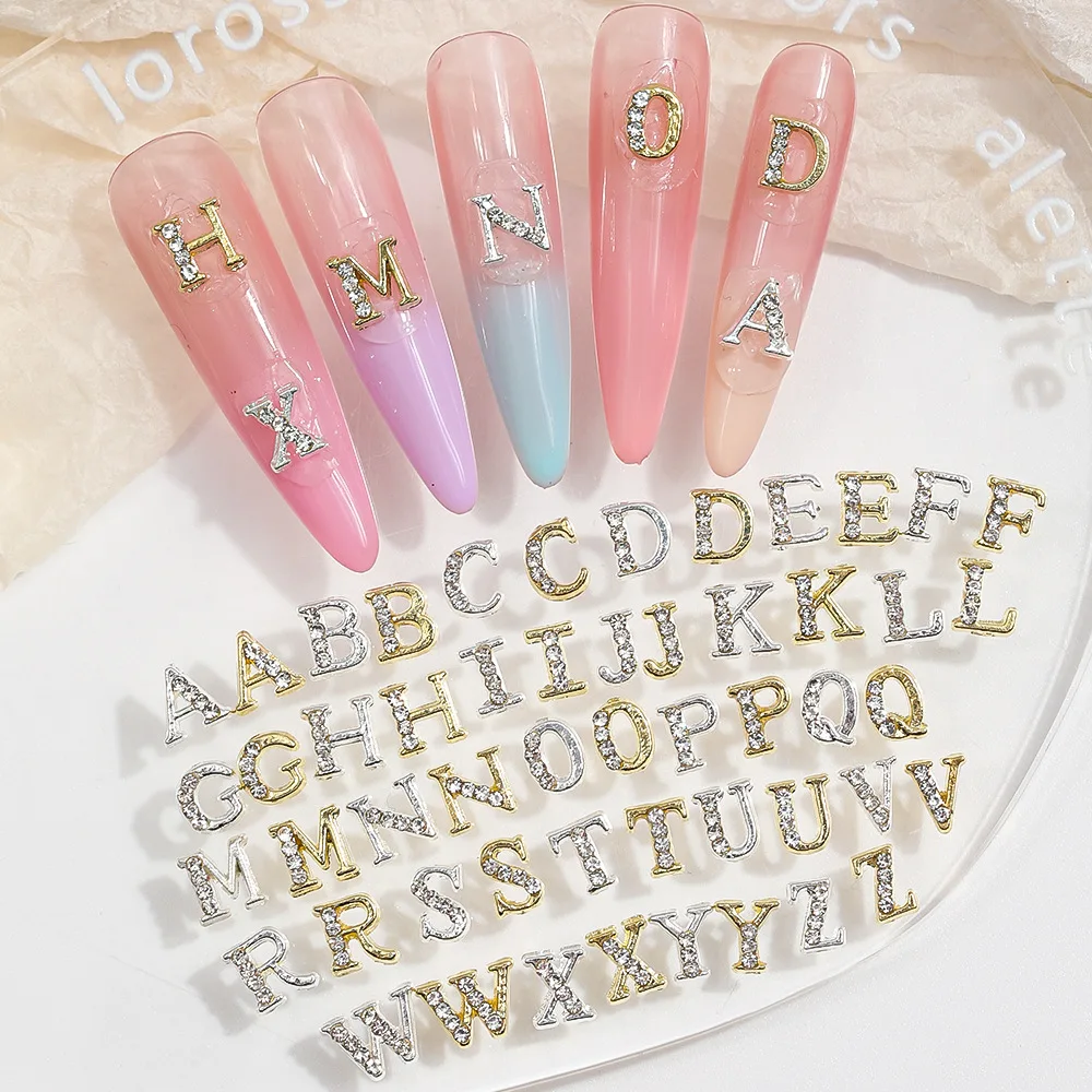 26Pcs Silver Rhinestone Alphabet Nail Charms Set-A-Z Letters Nail Gems,Custom Name Initial Nail Art Decorations for DIY Nail view 2