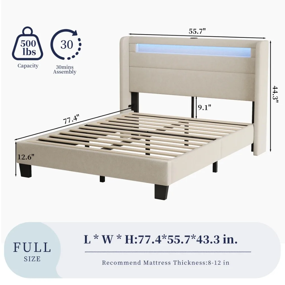 Full Bed Frame with USB Port and LED Light, Modern Platform Bed Frame No Box Spring Needed with Linen Upholstered Headboard