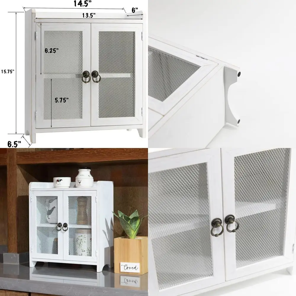 

2-Tier Wooden Storage Cabinet with Magnetic Door, 15.75x14.5x6.5, White for Kitchen, Living Room, Bedroom, or Office