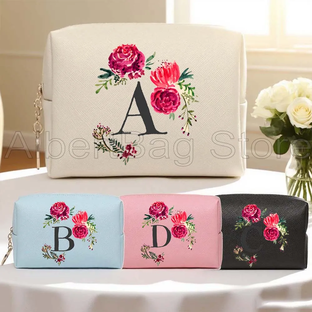 Sac à cosmétiques en cuir PU pour femmes, monogramme Floral, aquarelle, fleurs de roses, lettres initiales, cadeaux, trousse de maquillage, sacs de rangement étanches