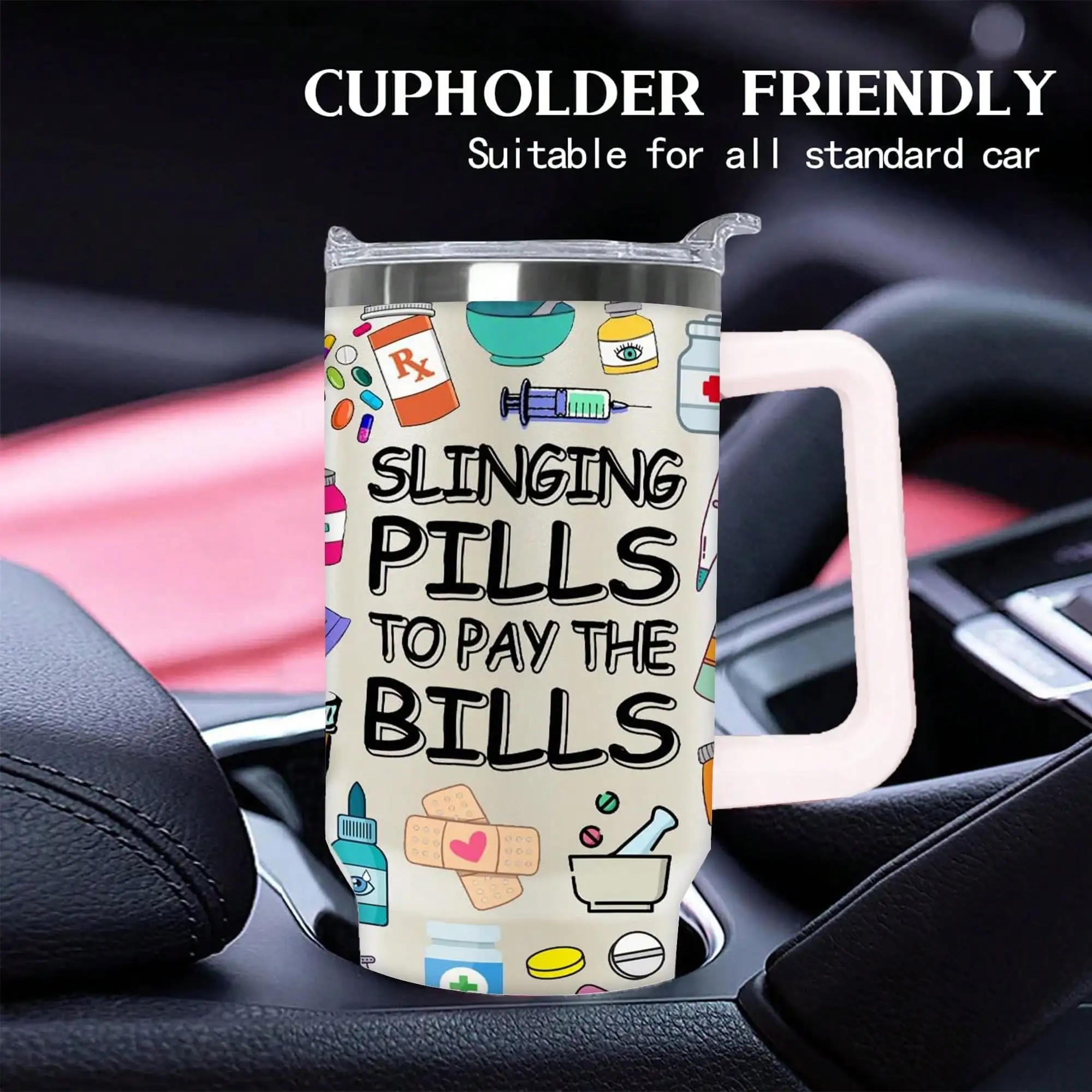 40 Oz Pharmacist Insulated Cup – 304 Stainless Steel With Handle, Medical Theme Design (Pill, Syringe, Bandage) – Ideal For Offi