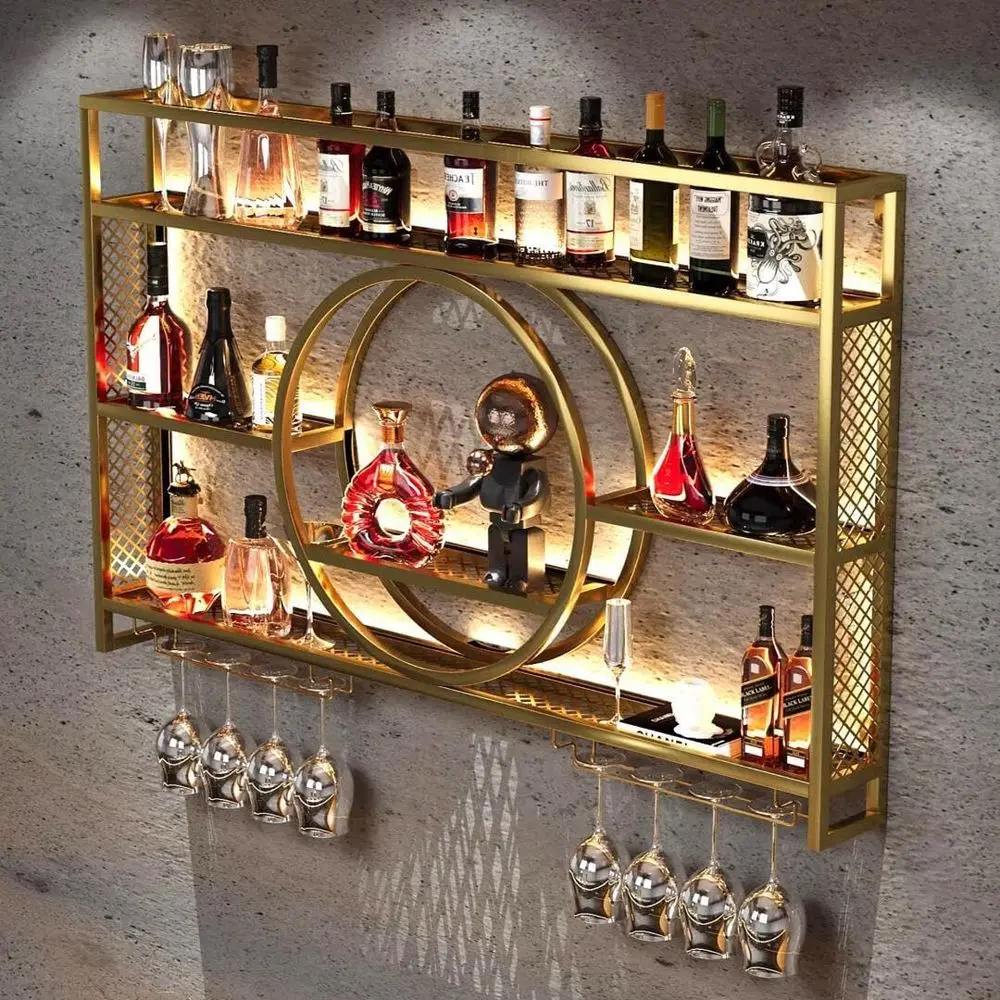 

Wall-Mounted 3-Tier Wine Rack with LED Lighting, Glass Holder, and Hanging Stemware for Home Bar in Golden