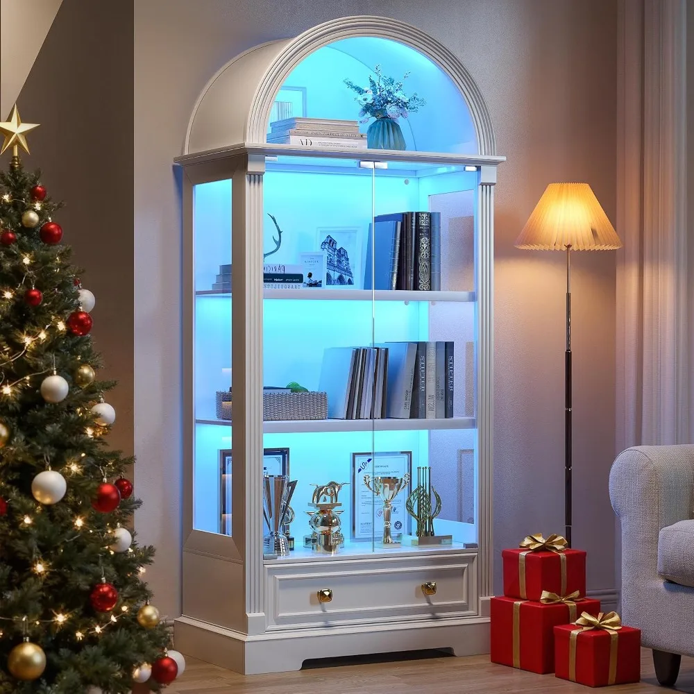 Lighted Display Cabinet with Glass Doors, 72" Tall Curio Cabinet - 4 Tier Display Case with Human Sensor Lights,, Customized
