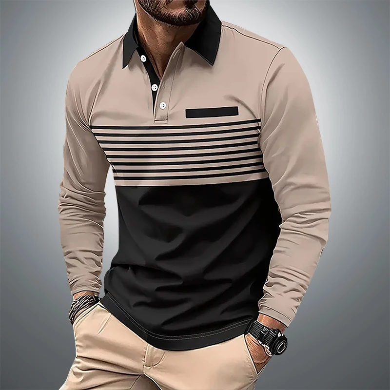 

Spring and Autumn men's long sleeved polo shirt, classic business casual polo shirt, 3D striped printed casual T-shirt