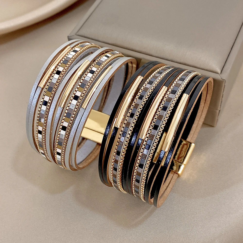 ALLYES Vintage Stripes Chain Leather Bracelet for Women Men Hip Hop Tube Multilayer Wrap Wide Bangle Bracelets Charm Jewelry