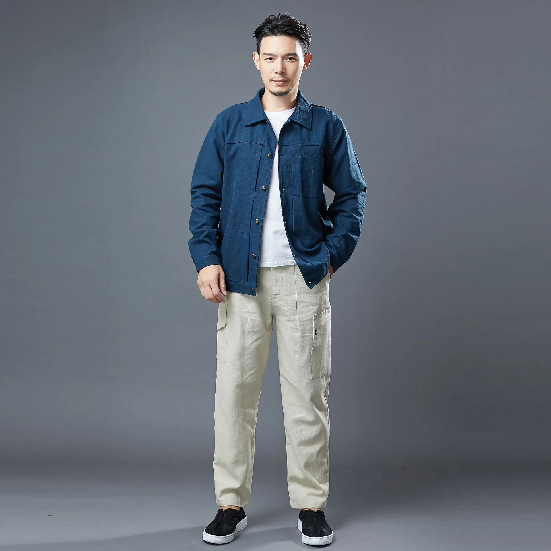 

Lapel Brass Jacket Chinese Style Men's Hooded Jacket Loose Long Sleeve Casual Top Vintage Ramie Jacket