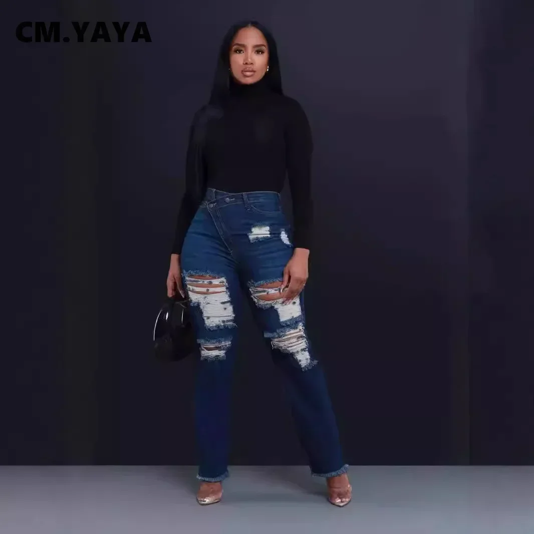CM.YAYA الدينيم السراويل النساء الرجعية مثير هول الجوف خارج الجينز ممزق خارج قلم رصاص السراويل 2024 الشارع نحيل عالية الخصر سيدة بانت