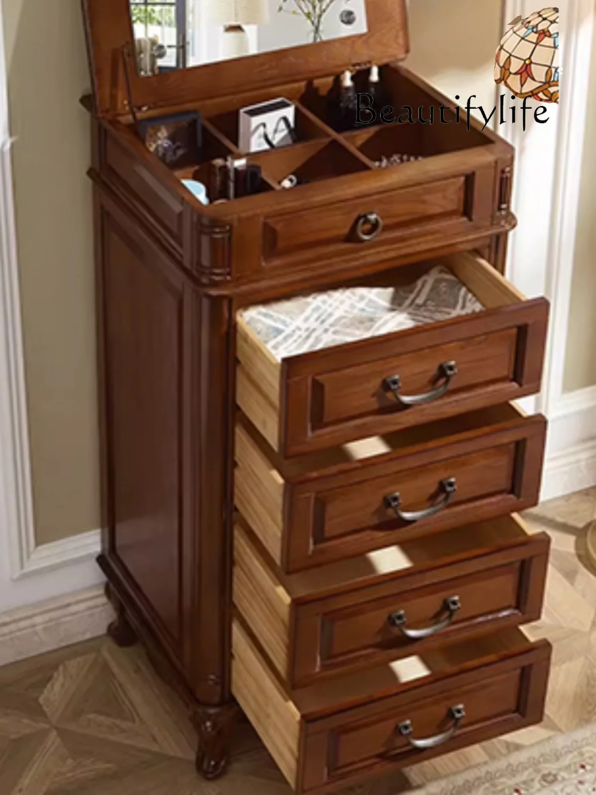 American-Style Solid Wood Chest of Drawers Five Buckets Simple Wall Bedroom Dresser Flip Storage Jewelry Cabinet