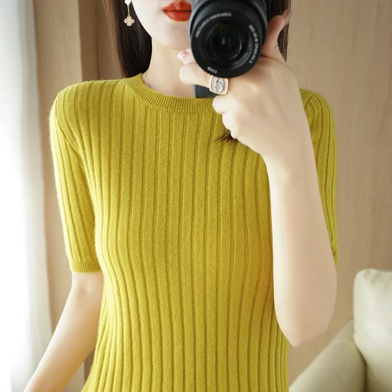 Suéteres de punto de Cachemira con cuello redondo para mujer, jersey de manga corta, Tops informales sólidos