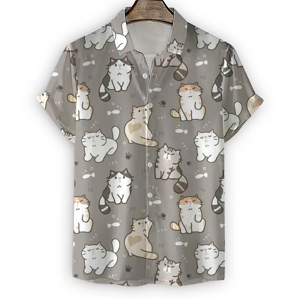 Camisa floral havaiana masculina, estampa animal 3D, gato preto, manga curta de lapela, tamanho grande, praia, alta qualidade, verão