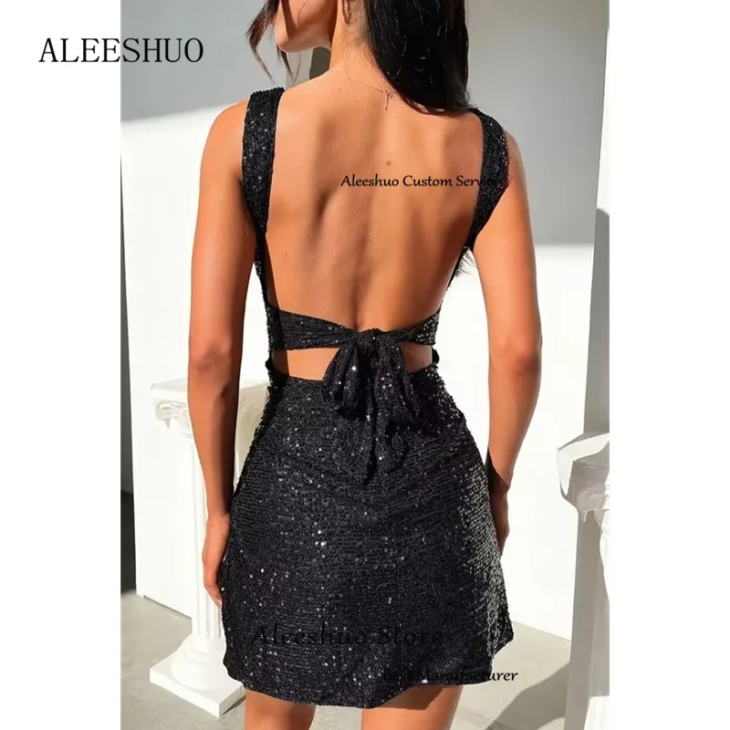 Aleeshuo Sexy glänzende Pailletten-Mini-Abschlussballkleider, ärmellos, mit Falten, Spaghettiträgern, Abendkleid, sexy, offener Rücken, formell, individuell gestaltet