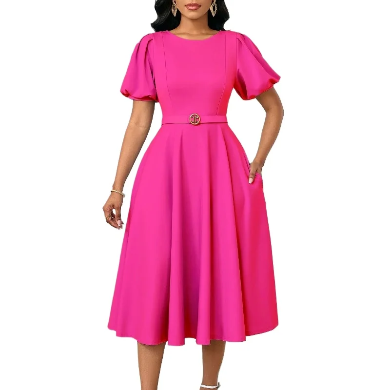 

Elegant A-Line Midi Dress for Women O-Neck Short Puff Sleeves Pleated Waist Belt Solid Classy Office Lady Party Church Outfit