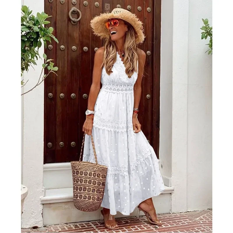 New Arrivals Exquisite Design Spring Summer Women's Clothing Sexy V-neck Sleeveless Chiffon Dress Stitching Midi Dress