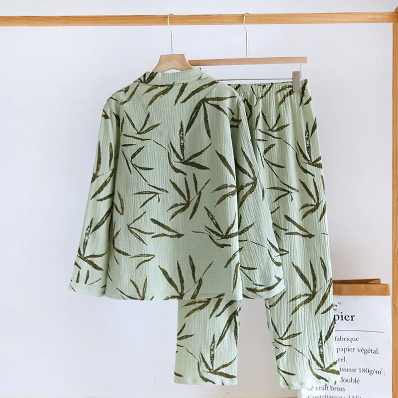 2024 Japanese New Women\'s Spring/Summer Pajama Set 100% Cotton Crepe Thin Green Home Fury Long sleeved Pants Two piece Set