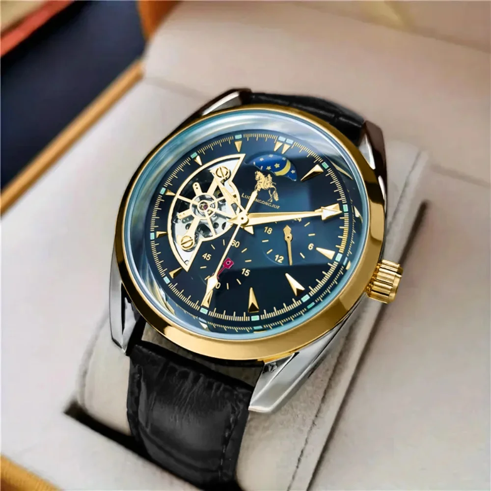 【Coole automatische mechanische Herrenuhr】Automatische mechanische Herrenuhr, Herrenuhr mit halbkugelförmigem Design, hoher ästhetischer Wert, coole und beliebte Herrenuhr, Mondphasenanzeige,