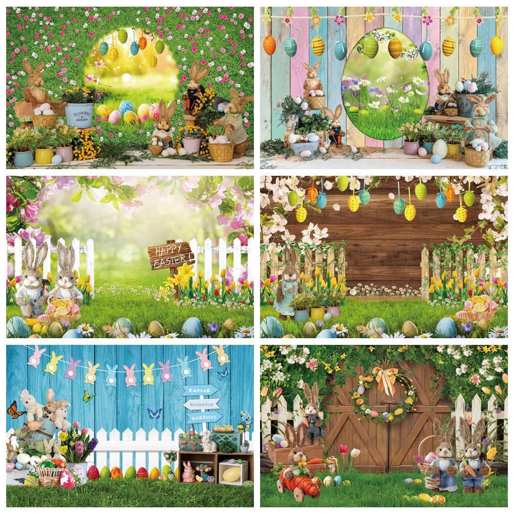 Happy Easter Backdrop for Photography Spring Flowers Wooden Floor Green Grass Rabbit Bunny Eggs Baby Portrait Photo Background