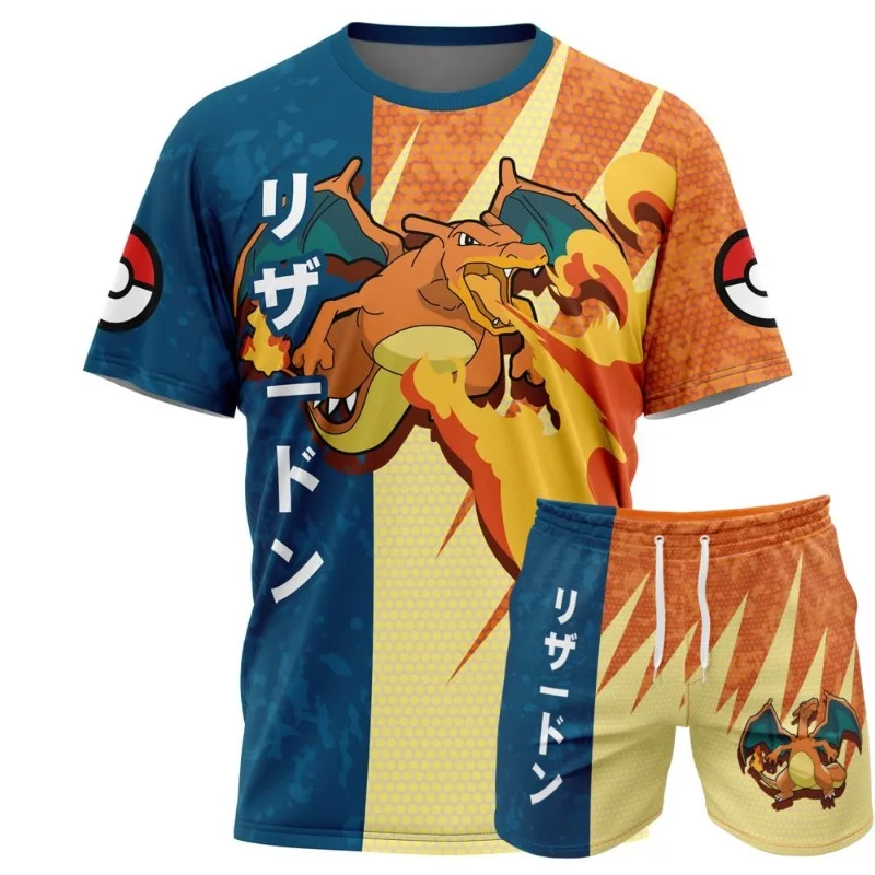 2026 Summer Hot Anime One Piece Pok É Mon Series Short Sleeve Shirt Set for Men Women Fashion Leisure Speed Drying Sports Set