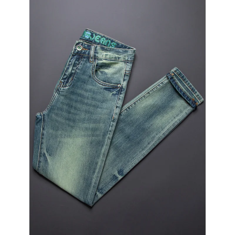 

High end retro green men's jeans summer thin stretch small feet 2025 new retro fashion pants
