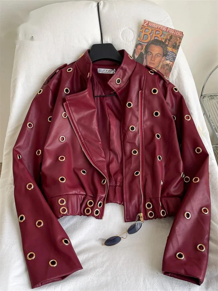 

American Retro PU Leather Jacket Metal Hollow Out Punk Coat Streetwear High Quality Long Sleeves Short Overcoat