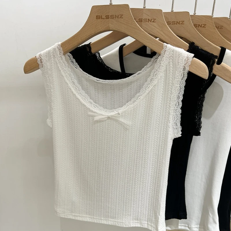 AOSSVIAO 2025 المرأة الصيف المحاصيل القمم الدانتيل تقليم محبوك تانك القمم الصيف رقيقة الخامس الرقبة أكمام قاعدة كاميس المرأة قمة الموضة