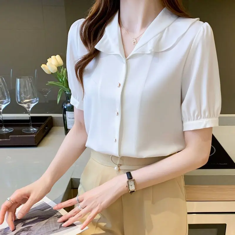 

Летний ледяной шелк пятиточечный SVE белый irt для женщин повседневный фонарь со сборным воротником све полиэфирное волокно женский irt