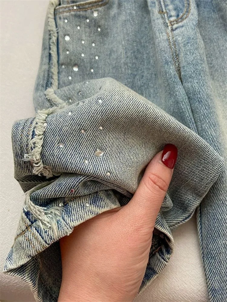 Girls Denim Jeans Spring Wide Leg Pantsnew style children's loose straight leg pants Korean version girls' Sparkling Rhinestone