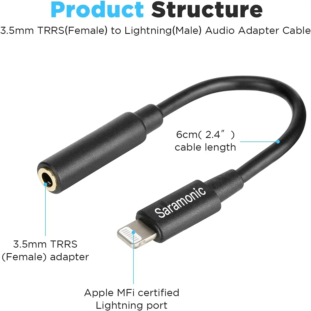 Saramonic SR-C2002 3.5mm TRRS femmina a cavo adattatore per microfono Lightning certificato Apple MFi per dispositivo iPhone iPad iOS (6cm)