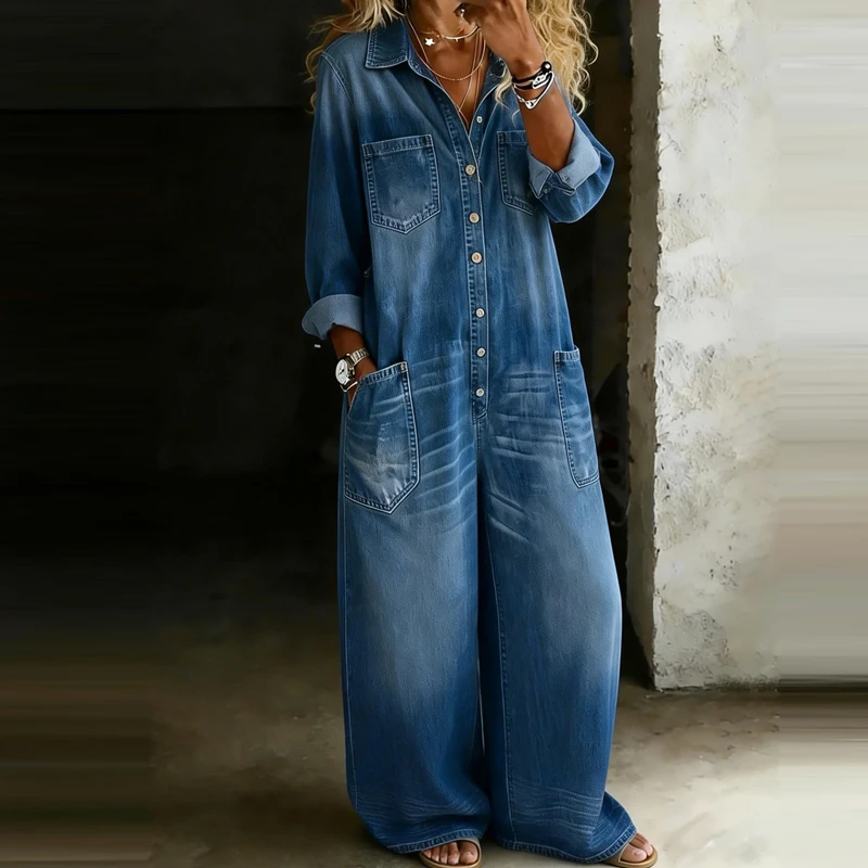 

Vintage Denim Long Sleeve Wide Leg Jumpsuits Casual Lapel Button Commute High Waist Romper Spring Summer Lady Playsuits Overalls