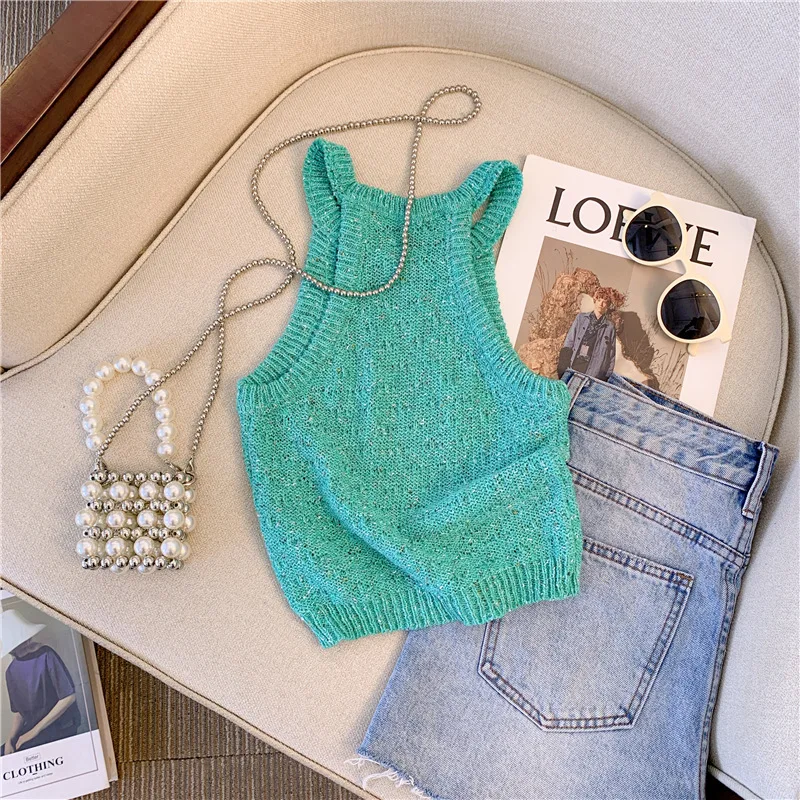 2024 New Summer Women Sleeveless Short Knitted T-Shirt Stretchy Camisole Tees Halter Collar Tank Crop Tops For Female