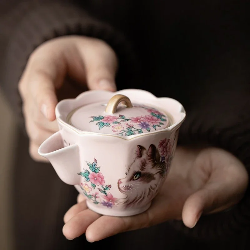 Cute Pink Ru Flower Cat Open Film Raising Ceramic Filter Brewing Teapot Petal Pot Xishi Pot Hand Grab Pot Kung Fu Tea Set Gifts