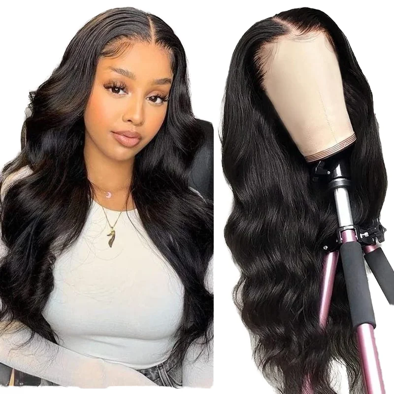 ナチュラルブラック 13 × 4 HD 透明レース前頭かつら事前摘み取られた人毛ウィッグ 180% 密度漂白ノットレースフロントウィッグ